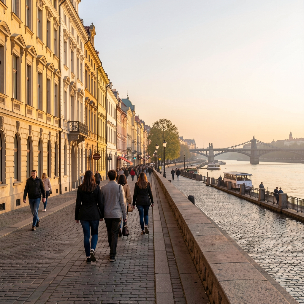 Budapesti belvárosi utca és a Duna-part reggeli fényben, séta közben