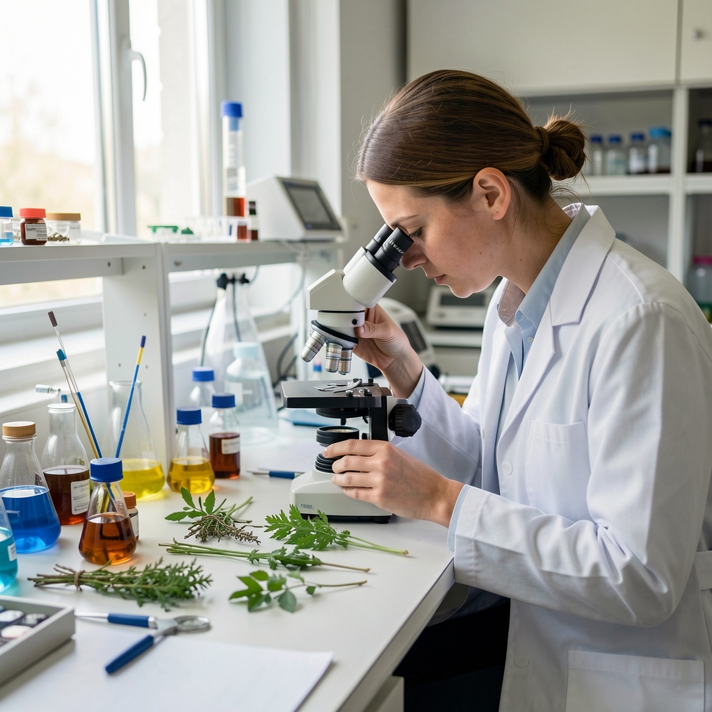 Kutató természetes növényi mintákat vizsgál nagyítóval egy rendezett laborasztalon