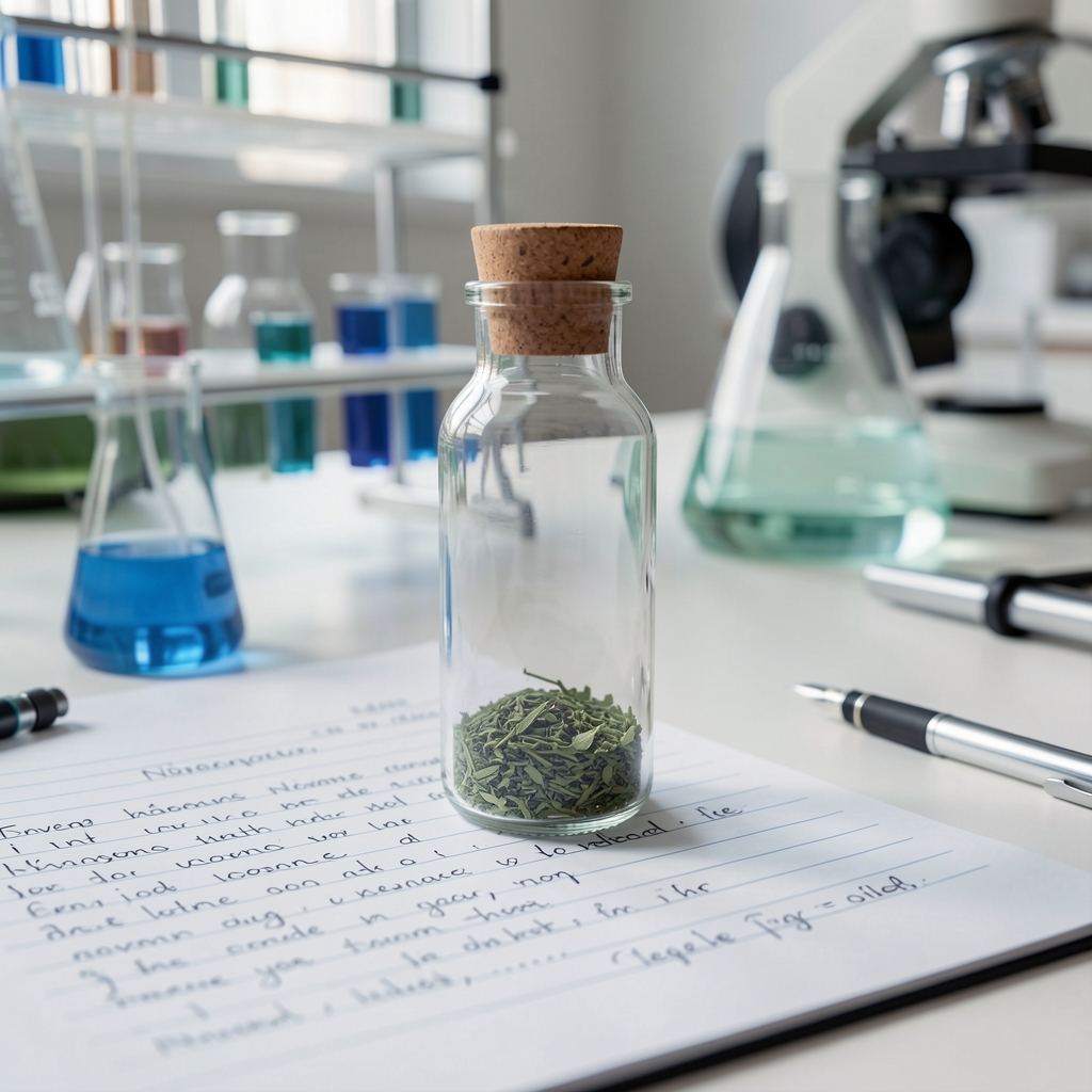 Növényi kivonatot tartalmazó üvegcse mellett aprólékos laboratóriumi jegyzetek