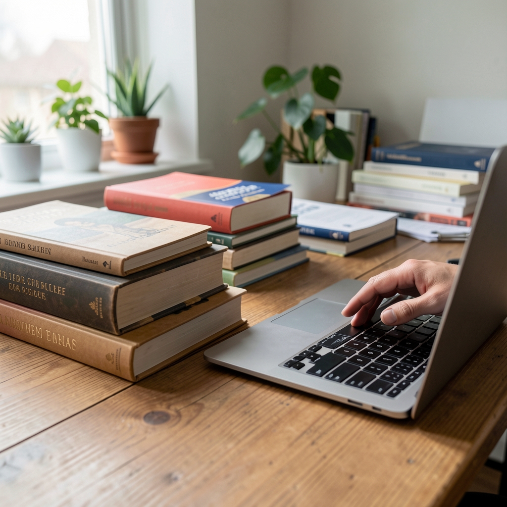 Szerkesztői műhelyben forrásokat rendező kéz, könyvek és laptop egy faasztalon