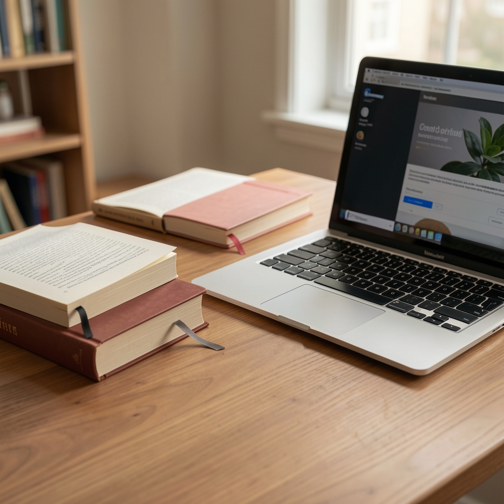 Bibliográfiai jegyzetek, könyvjelzők és laptop egy nyugodt olvasóasztalon