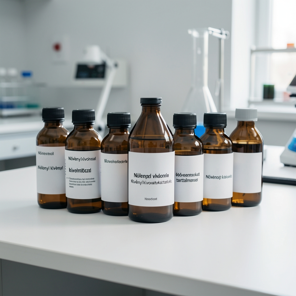 Növényi kivonatokat tartalmazó üvegek laboratóriumi címkékkel egy tiszta asztalon